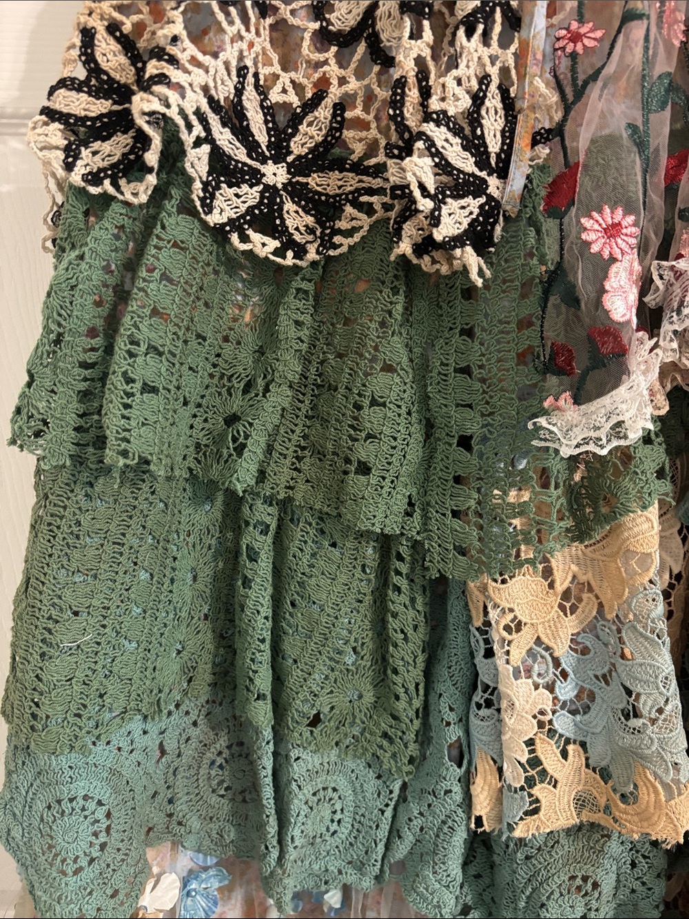 Boho Tiered Lace Patchwork Pants in Green and Cream - Picture 5 of 8